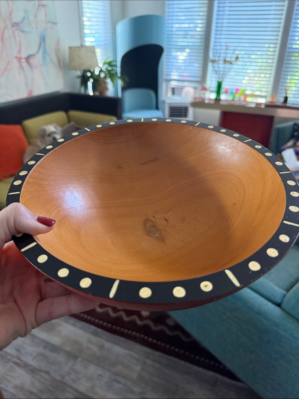 Wilhelm 1998 Hand-Turned Wooden Serving Bowl with Black and Cream Dotted Rim